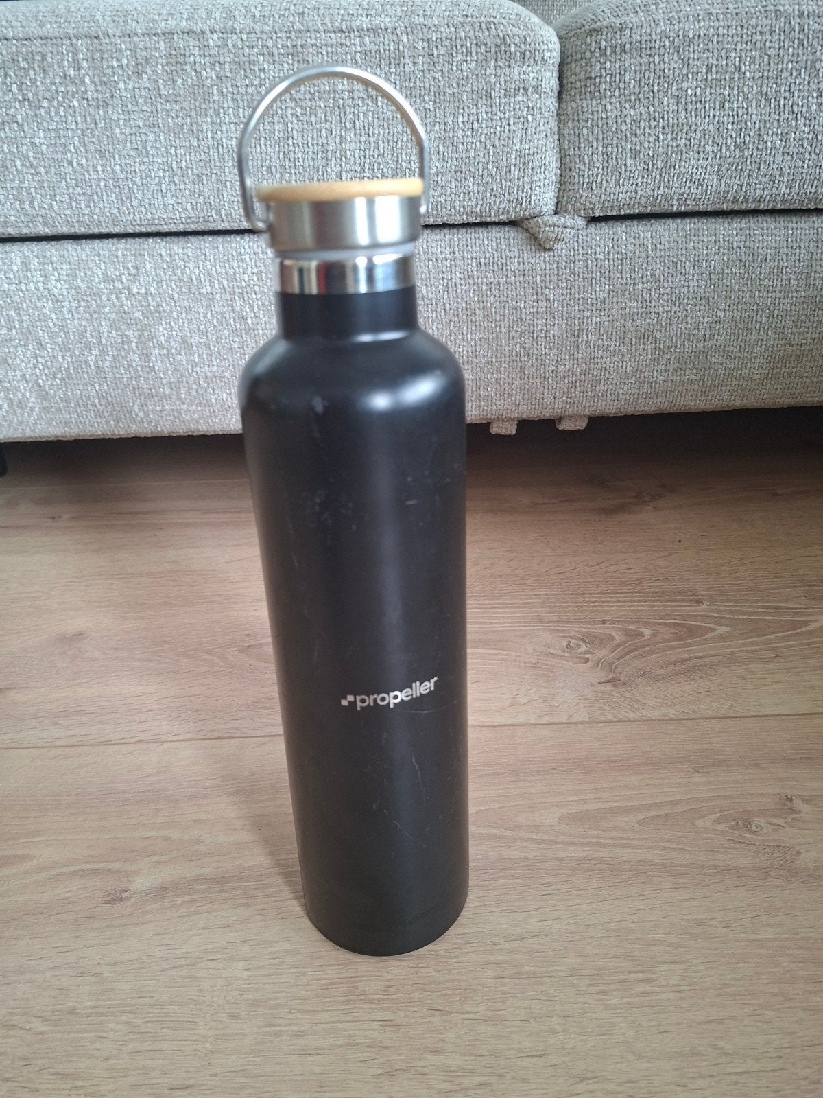 Zwarte Propeller drinkfles met bamboe dop, Ophalen of Verzenden, Gebruikt