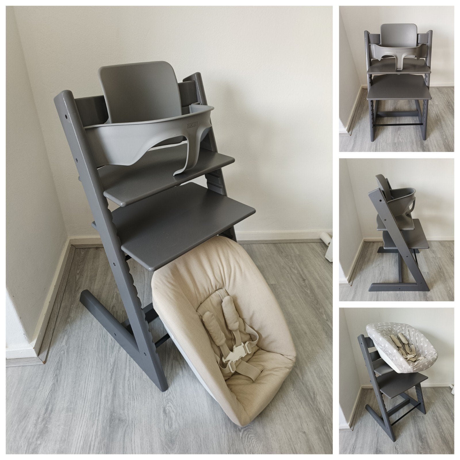 Stokke Tripp Trapp grijs met babyset,newbornset,extra hoes, Meegroeistoel, Ophalen of Verzenden, Zo goed als nieuw, X