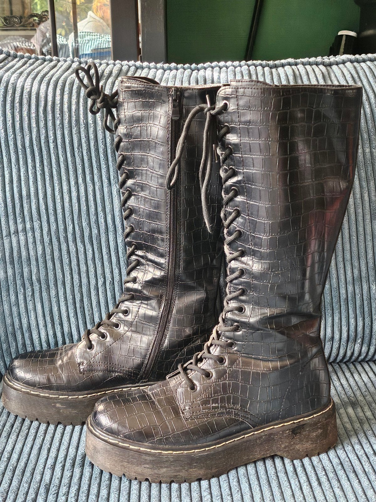 Stoere zwarte croco platform veterlaarzen – Maat 40, Hoge laarzen, Zwart, Lucky Shoes, Ophalen of Verzenden