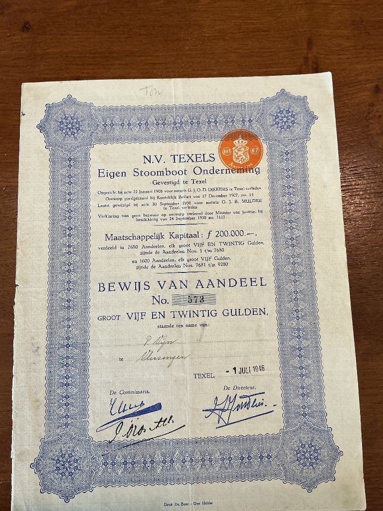 te koop 1 aandeel van 25 gulden van TESO, Verzenden, Voor 1920, Aandeel