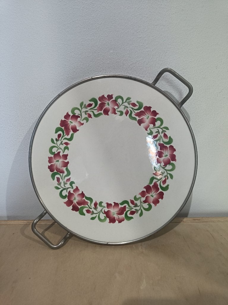 Dienblad porselein/metaal met bloemmotief, Met afbeelding/tekst, Rond, Ophalen of Verzenden, Zo goed als nieuw
