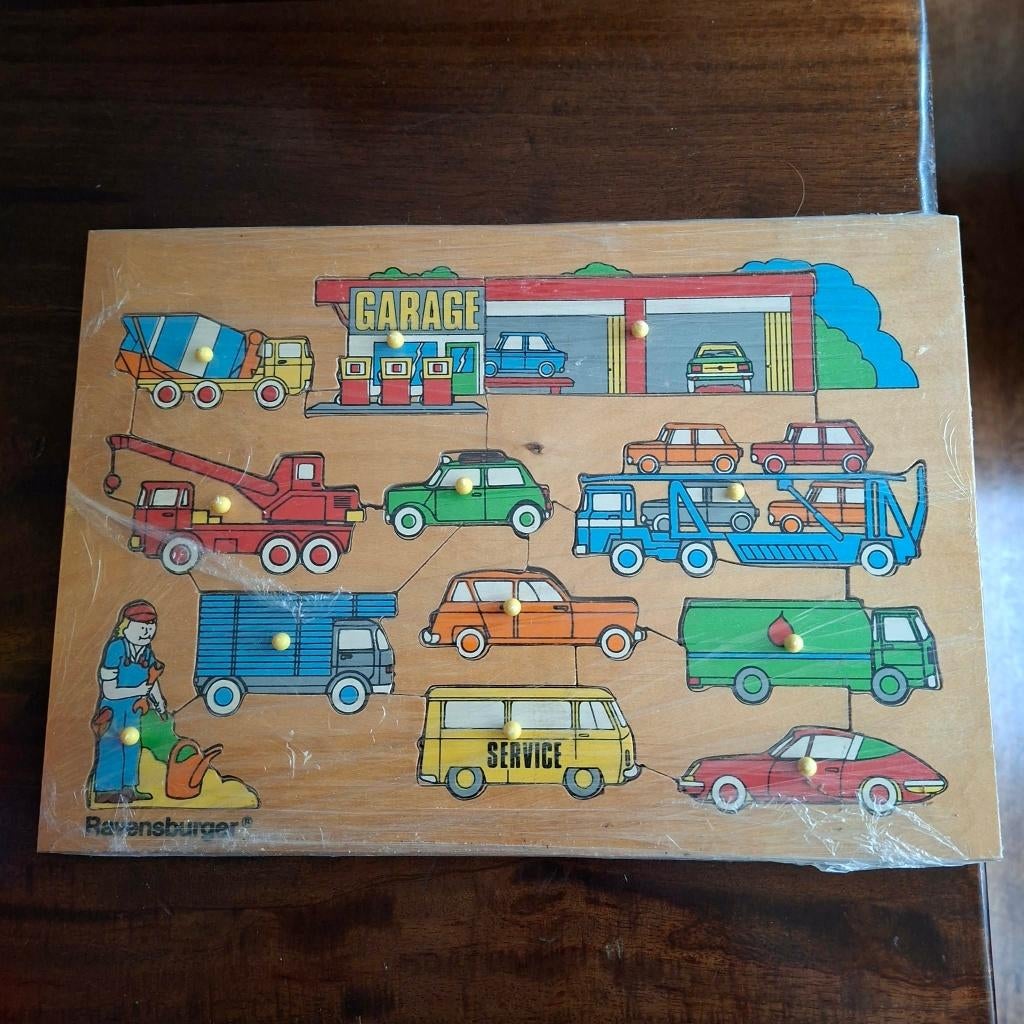 Vintage houten kinder­puzzel – garage & voertuigen jaren' 70, Ophalen of Verzenden