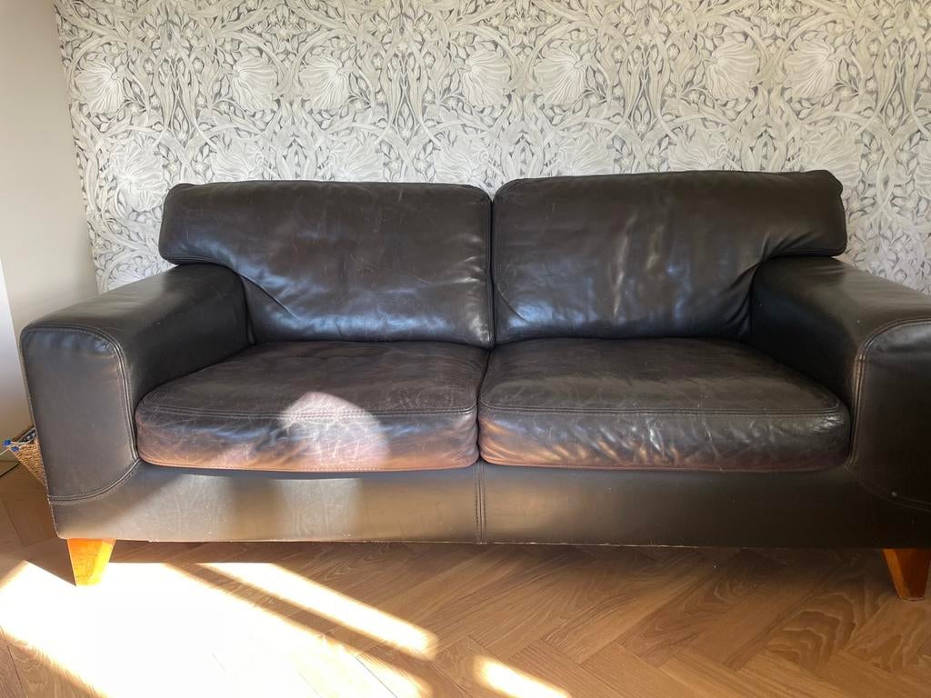 Gebruikte bank, leer, donker blauw, Ophalen, Gebruikt, Tweepersoons, Leer