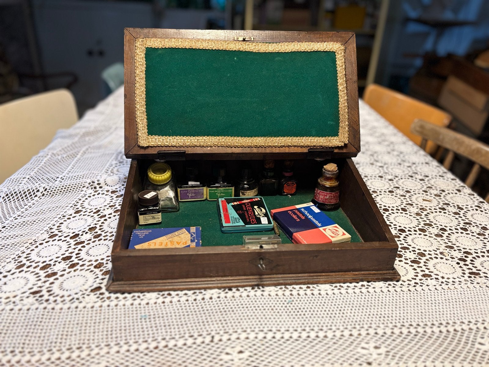 Antieke houten schrijfdoos met inktpotjes, Ophalen of Verzenden