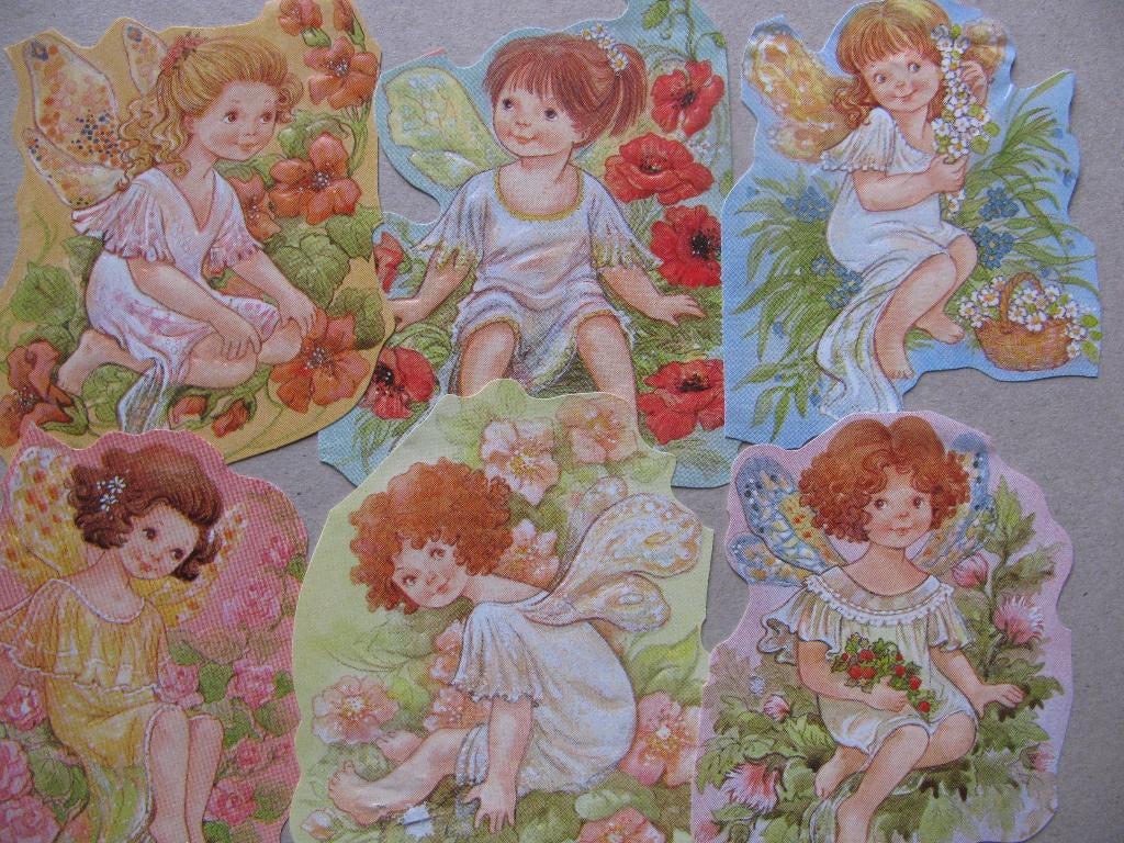 6 Losse Vintage Poesieplaatjes - Elfjes / Kinderen Bloemen, Verzenden