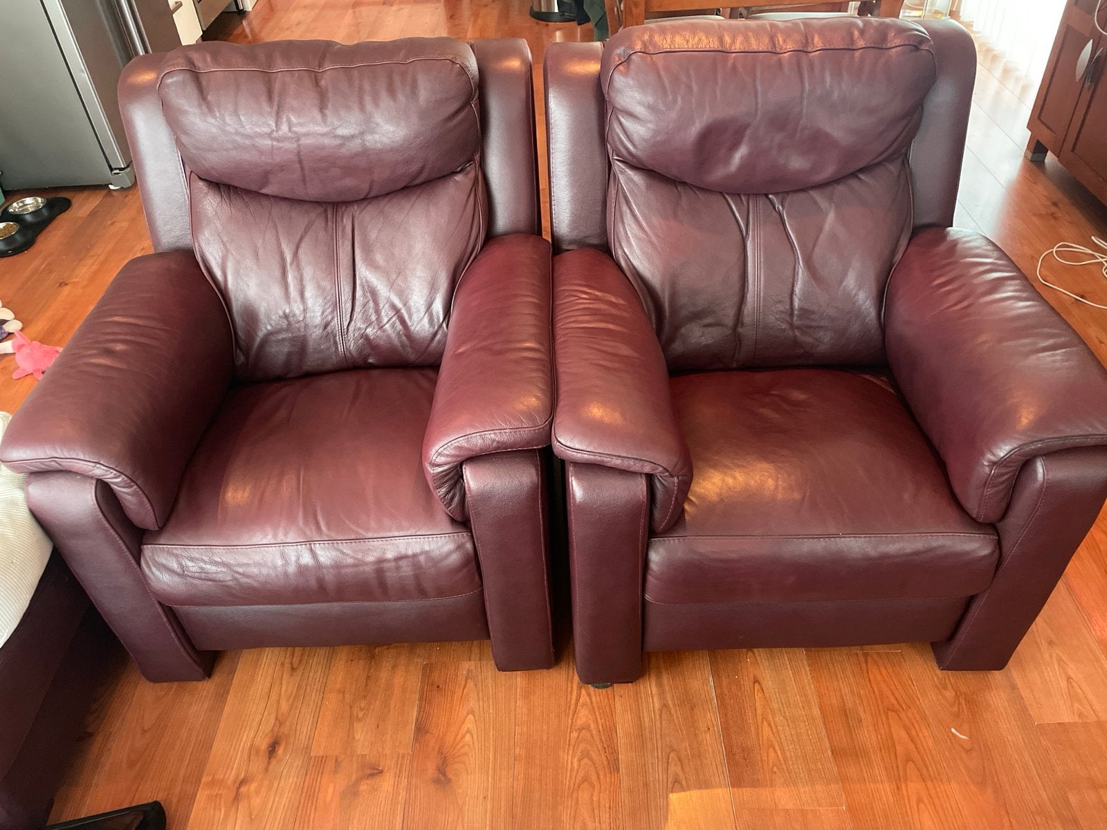 Leren fauteuils 4 stuks en poef Bordeauxrood, Huis en Inrichting, Fauteuils, Ophalen, Gebruikt, Leer, 75 tot 100 cm