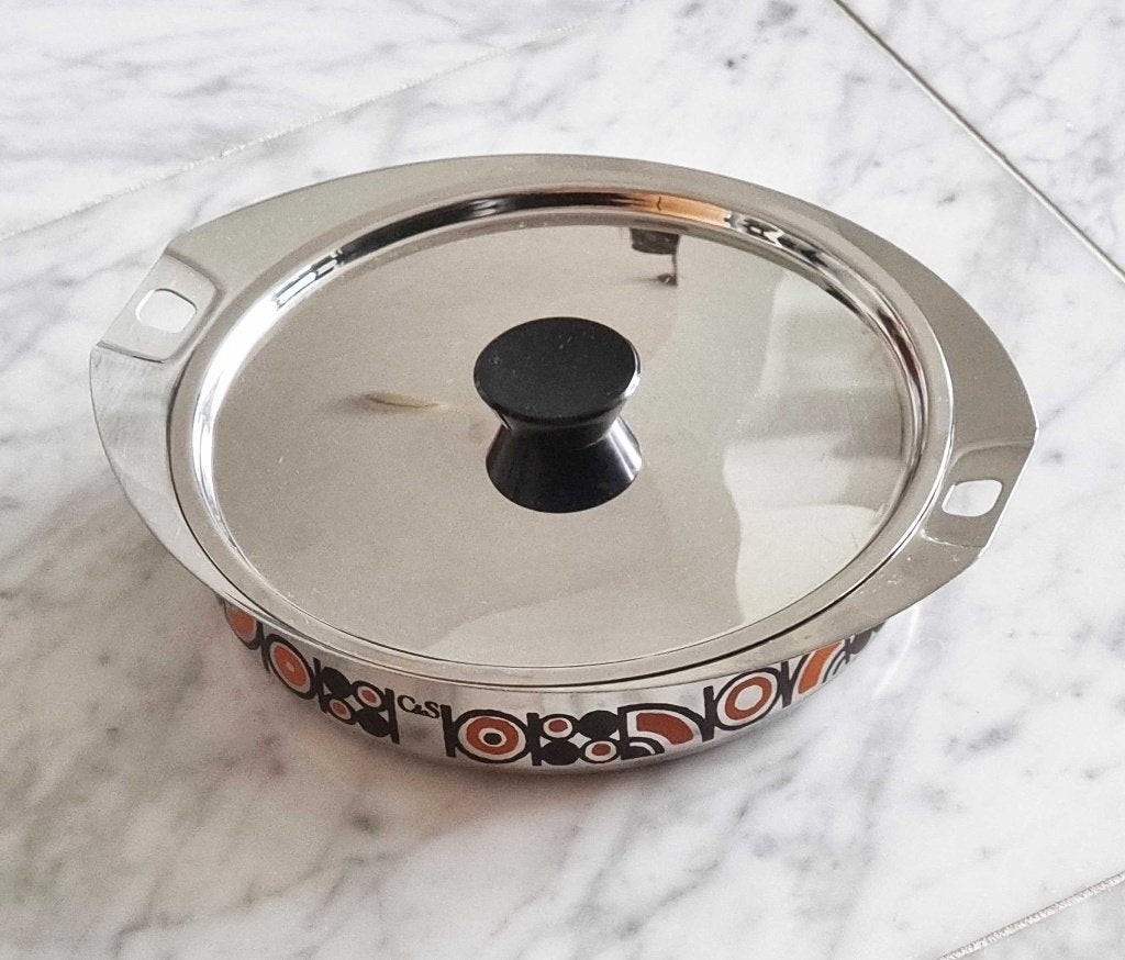 1960 RETRO C&S INOX VINTAGE KOOKPAN GEËMAILLEERD MET DEKSEL, Huis en Inrichting, Keuken | Potten en Pannen, Ophalen of Verzenden