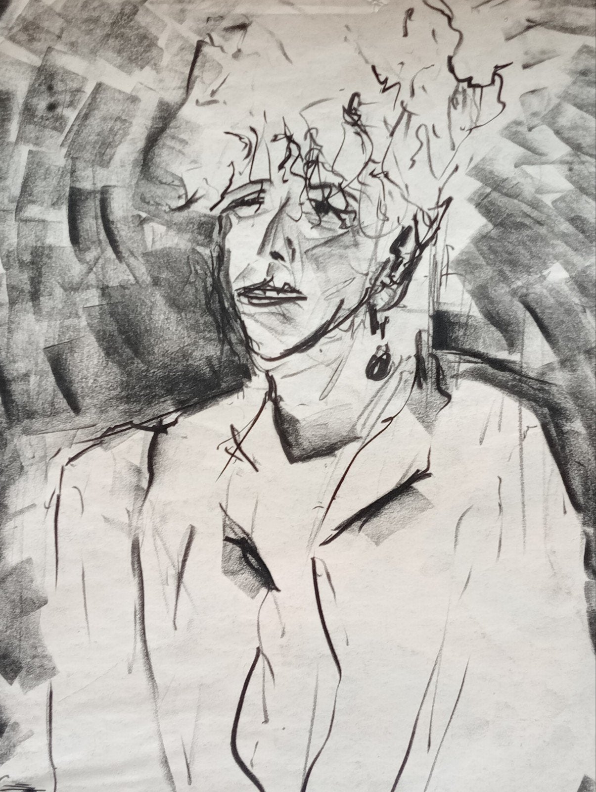 Houtskool zittende vrouw jaren 90, Antiek en Kunst, Kunst | Tekeningen en Foto's, Ophalen of Verzenden