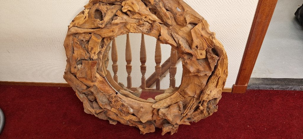 Ronde houten Spiegel, Huis en Inrichting, Woonaccessoires | Spiegels, Ophalen, Rond, Zo goed als nieuw, 75 tot 100 cm