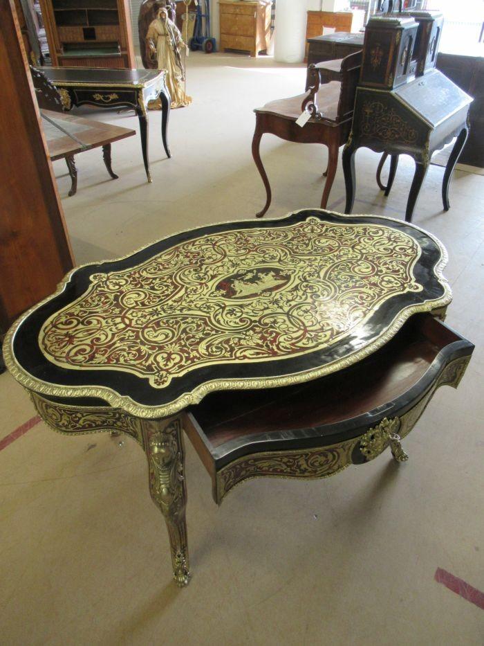 Oer 08939 ANTIEKE gerestaureerde rode boulle tafel met lade, Ophalen