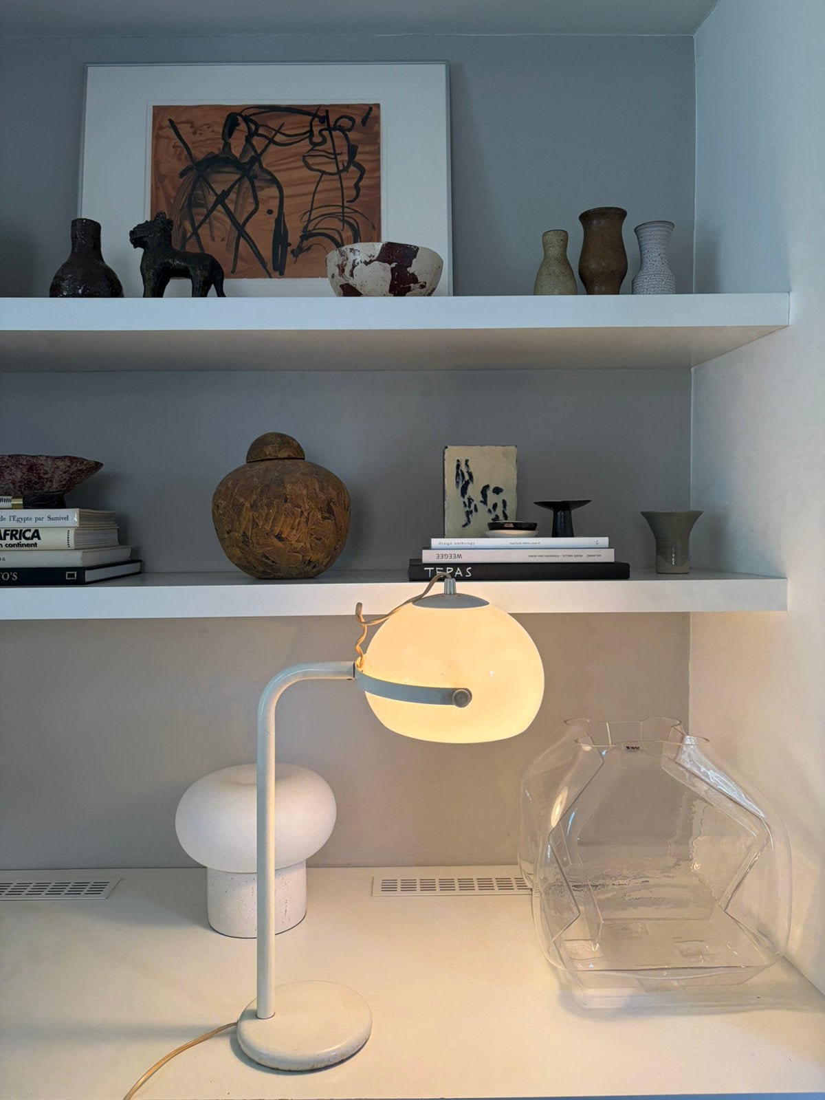 Vintage bureaulamp | Spage Age | Dijkstra Plexiglas Mushroom, Bureaulamp, Wit, Ophalen of Verzenden, Nvt