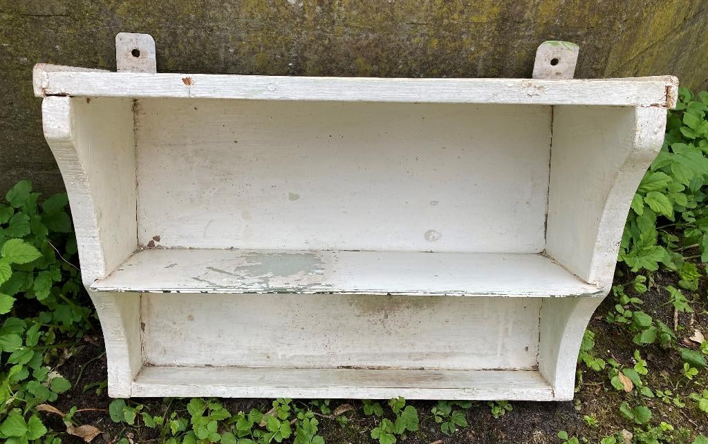 Brocante oud wit houten regaal - wandplankje met glasplaatje, Gebruikt, Ophalen of Verzenden, Nvt, Nvt