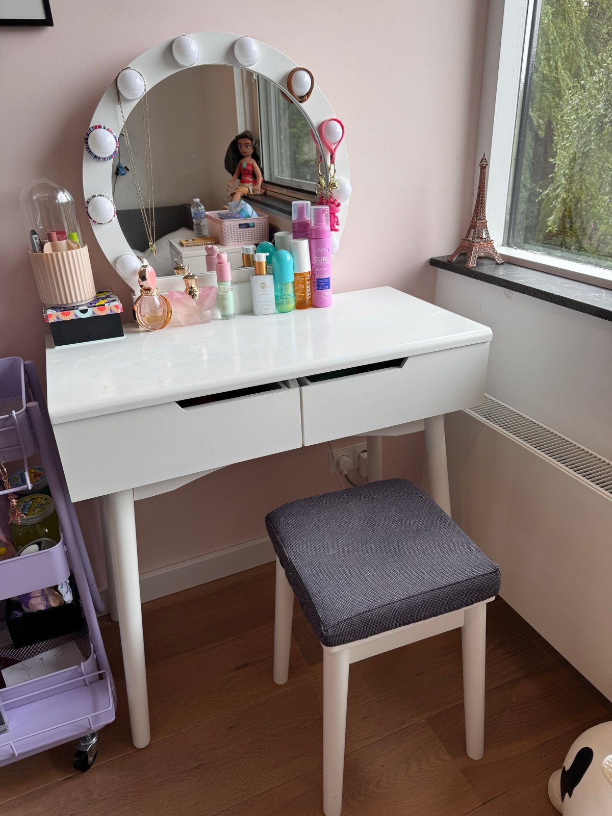 Kaptafel met Hollywood spiegel en krukje, Ophalen, Gebruikt, 50 tot 100 cm, Minder dan 100 cm