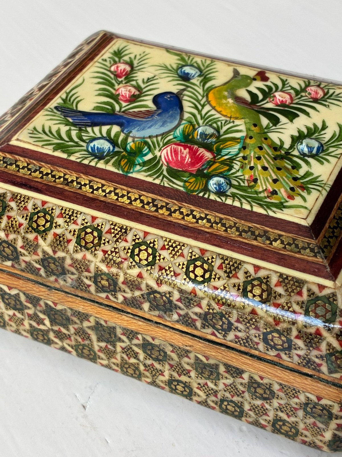 Khatam box sieradendoos Perzië vogels gelakt hout vintage, Ophalen of Verzenden