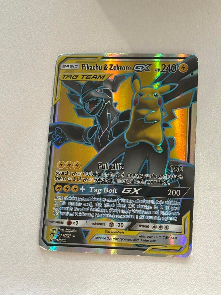Pikachu & Zekrom GX Tag Team Pokémon Kaart (Gebruikt), Ophalen of Verzenden, Gebruikt, Losse kaart, Foil