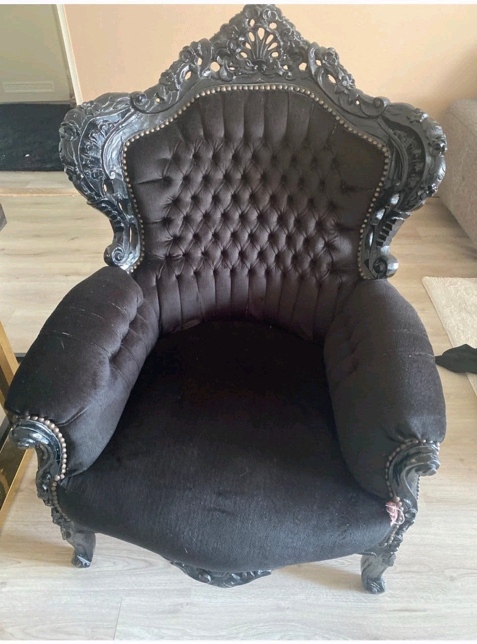 Barokke fauteuil - Zwart fluweel met houtsnijwerk, Ophalen, Gebruikt, 75 tot 100 cm, Stof