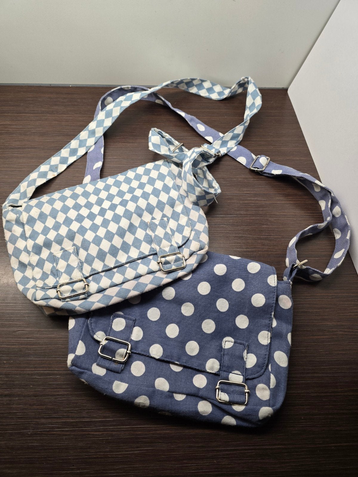 Set van 2 Schoudertasjes: Ruit en Polkadot Patroon, Ophalen of Verzenden, Zo goed als nieuw, Blauw, Schoudertasje