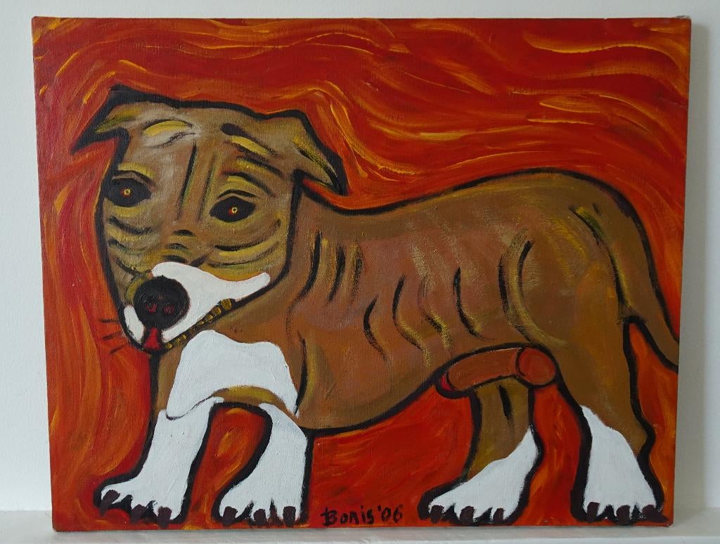 Schilderij van een Hondje, Acrylverf op Doek, Gesigneerd, Antiek en Kunst, Ophalen