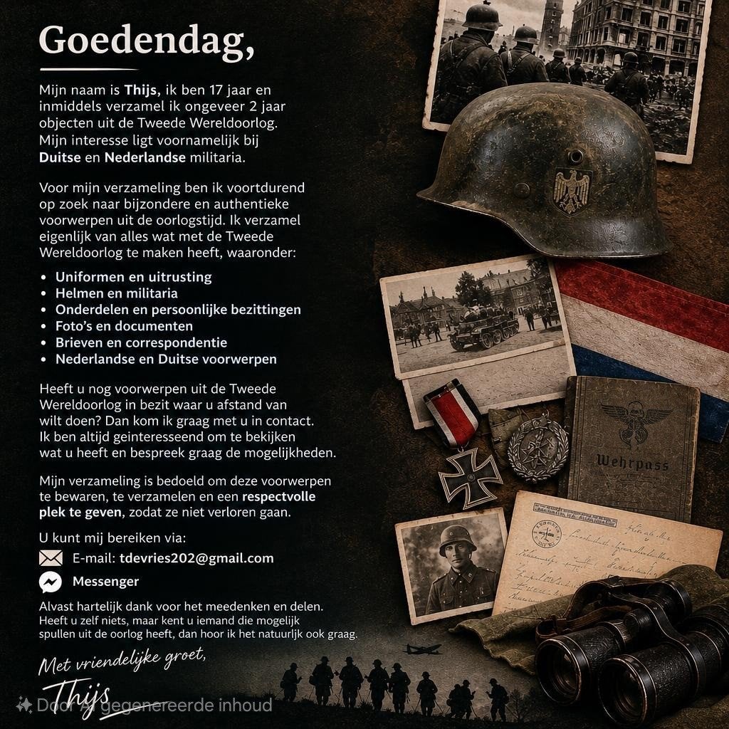Gezocht: WOII Militaria voor Respectvolle Verzameling, Ophalen of Verzenden, Overige soorten, Nederland, Overige typen