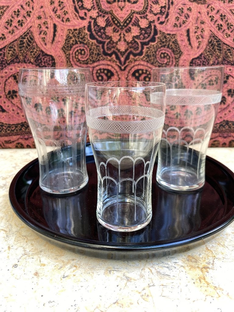 Antiek waterglas limonade glazen Guilloche, Leerdam Ca 1910, Ophalen of Verzenden