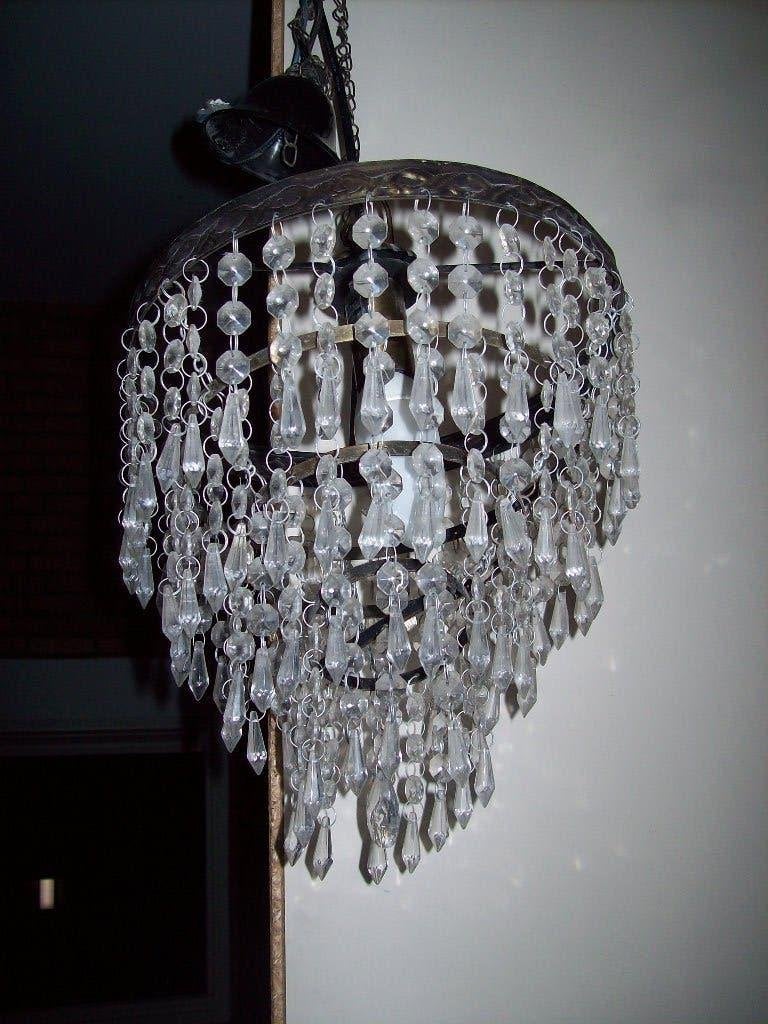 Antieke Kroonluchter met glazen pegels, Gebruikt, Glas, Klasiek, E27 (groot)