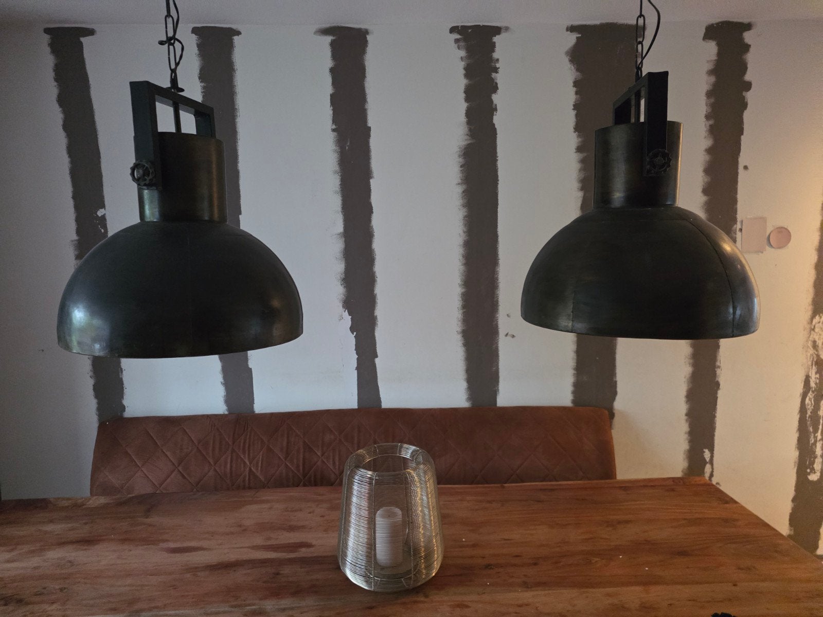 Set van 2 industriële hanglampen - Brons/Zwart, Ophalen, Gebruikt, E27 (groot), Industrieel, Vintage