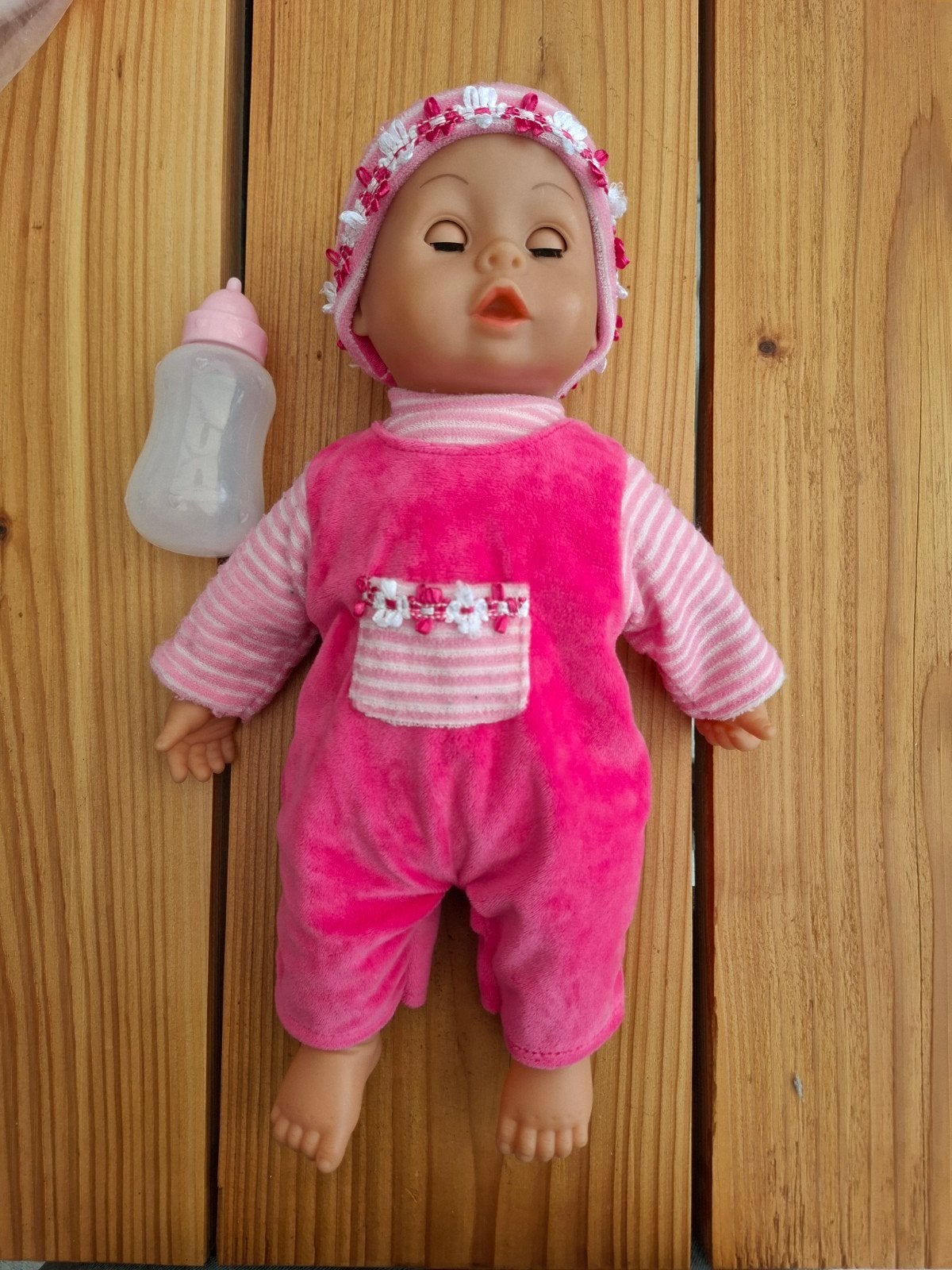 Baby pop 'first words baby' roze, Ophalen of Verzenden, Zo goed als nieuw, Babypop