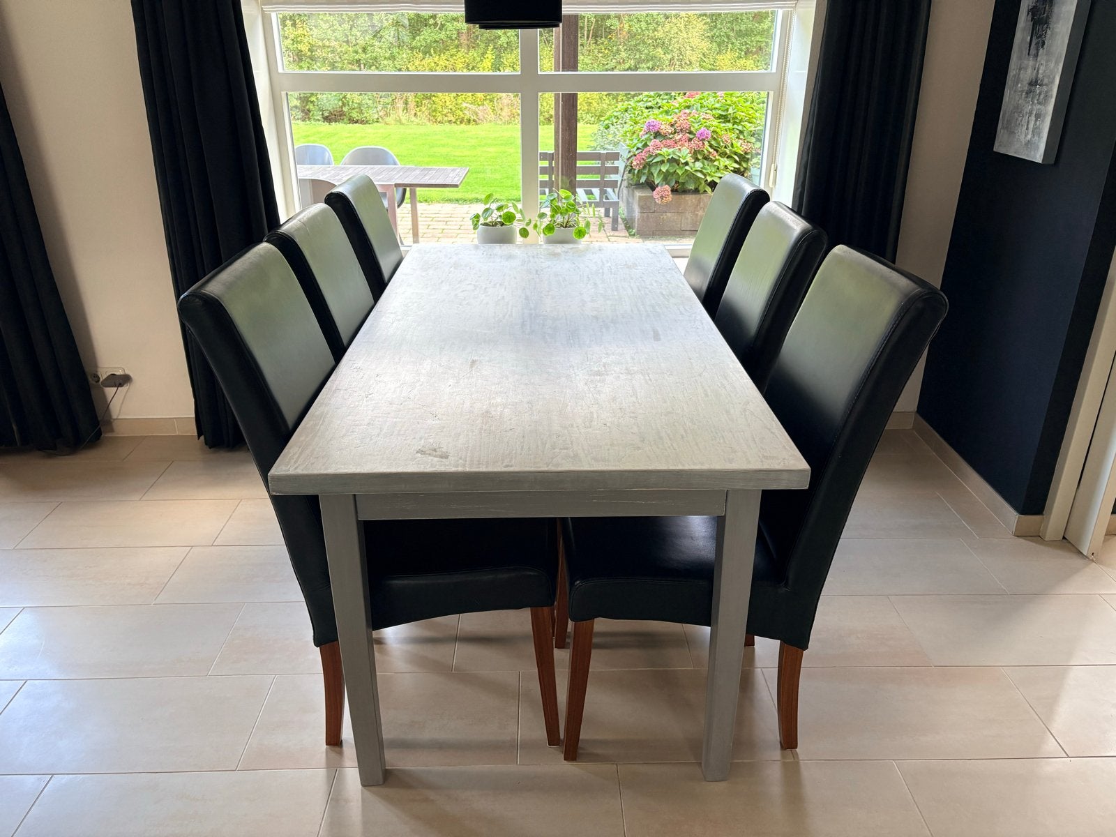 Robuuste eettafel (90x180x76 cm) met 6 stoelen, Ophalen, Gebruikt, 50 tot 100 cm, Vijf personen of meer