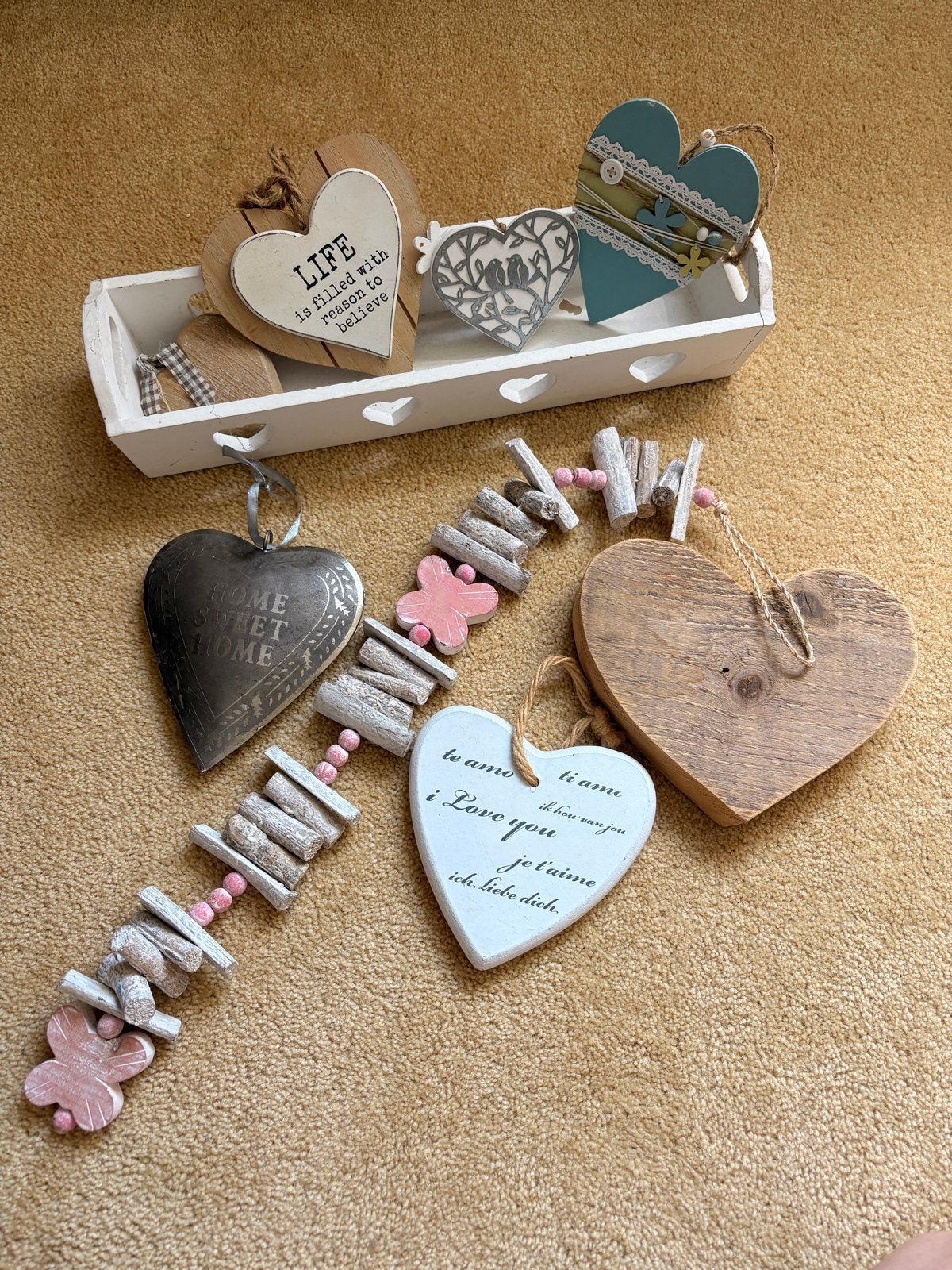 Decoratieve harten set - brocante Hout en metaal, Hout, Gebruikt, Meerkleurig, Ophalen of Verzenden