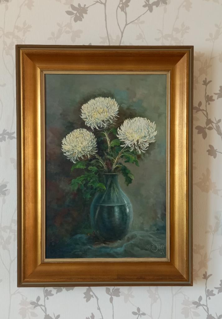 Antiek schilderij uit Duitsland met drie chrysanten, Antiek en Kunst, Ophalen