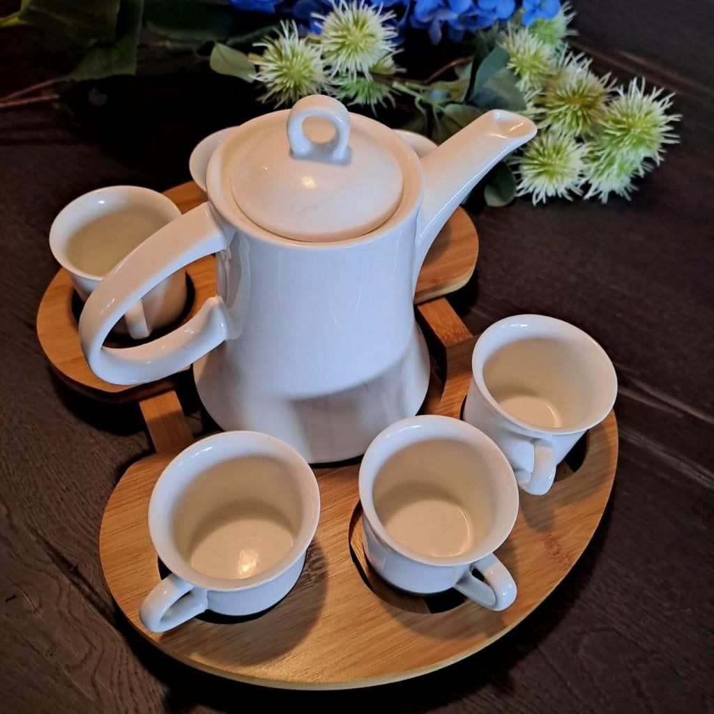 Porseleinen theeset met bamboe dienblad – theepot + 6 kopjes, Ophalen, Overige typen, Nieuw, Overige stijlen