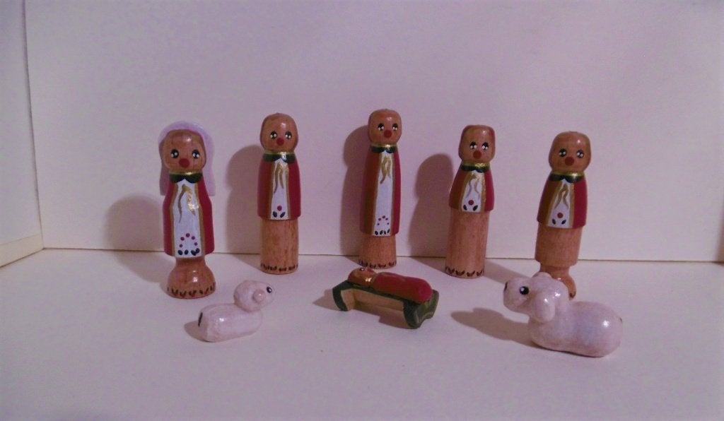 Oude houten Duits kerstgroep miniaturen pop Maria lam schaap, Verzenden