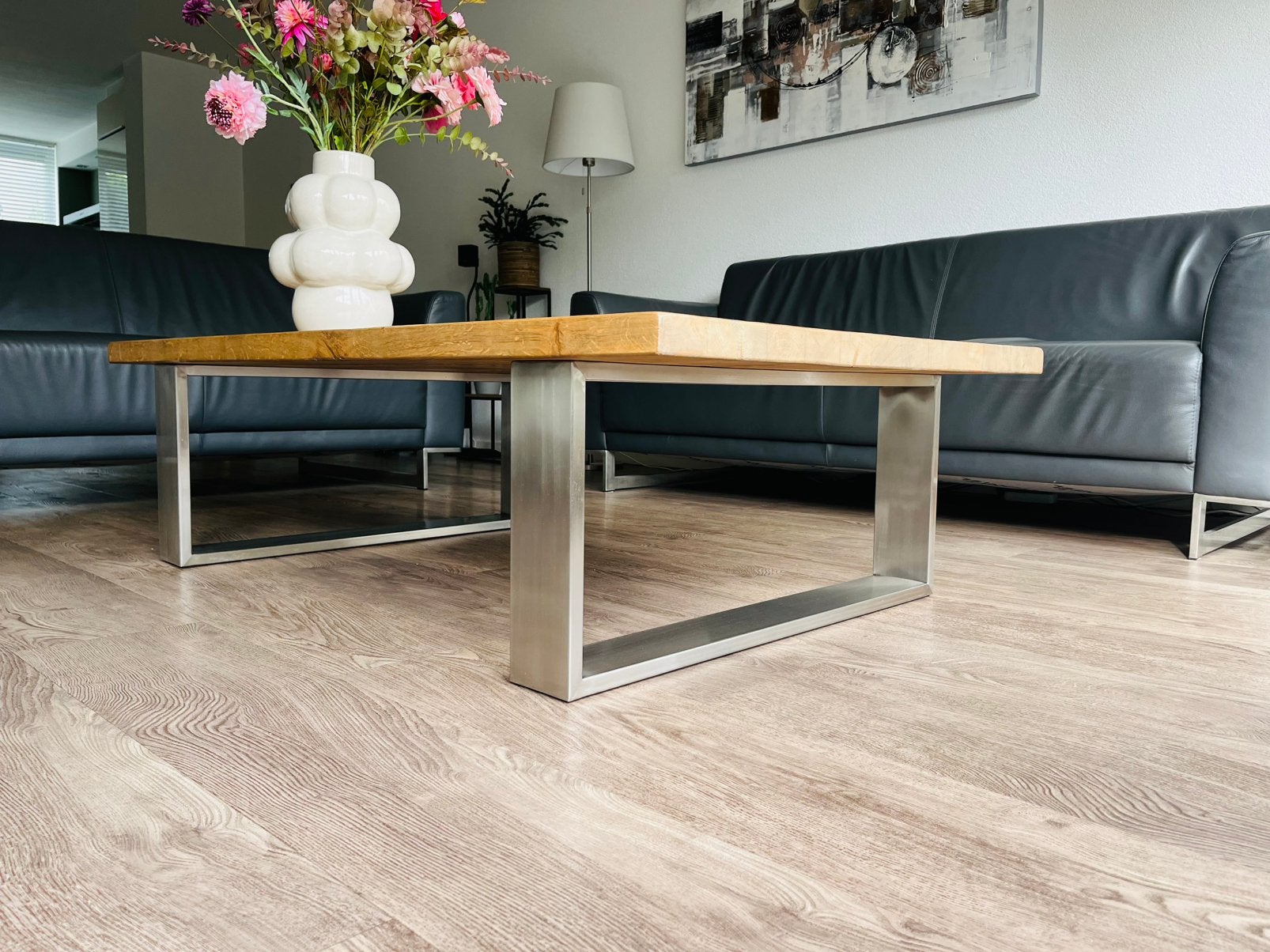Eiken Salontafel Rofra Home - RVS onderstel 85x140, Ophalen, 100 tot 150 cm, Eikenhout, 50 tot 100 cm