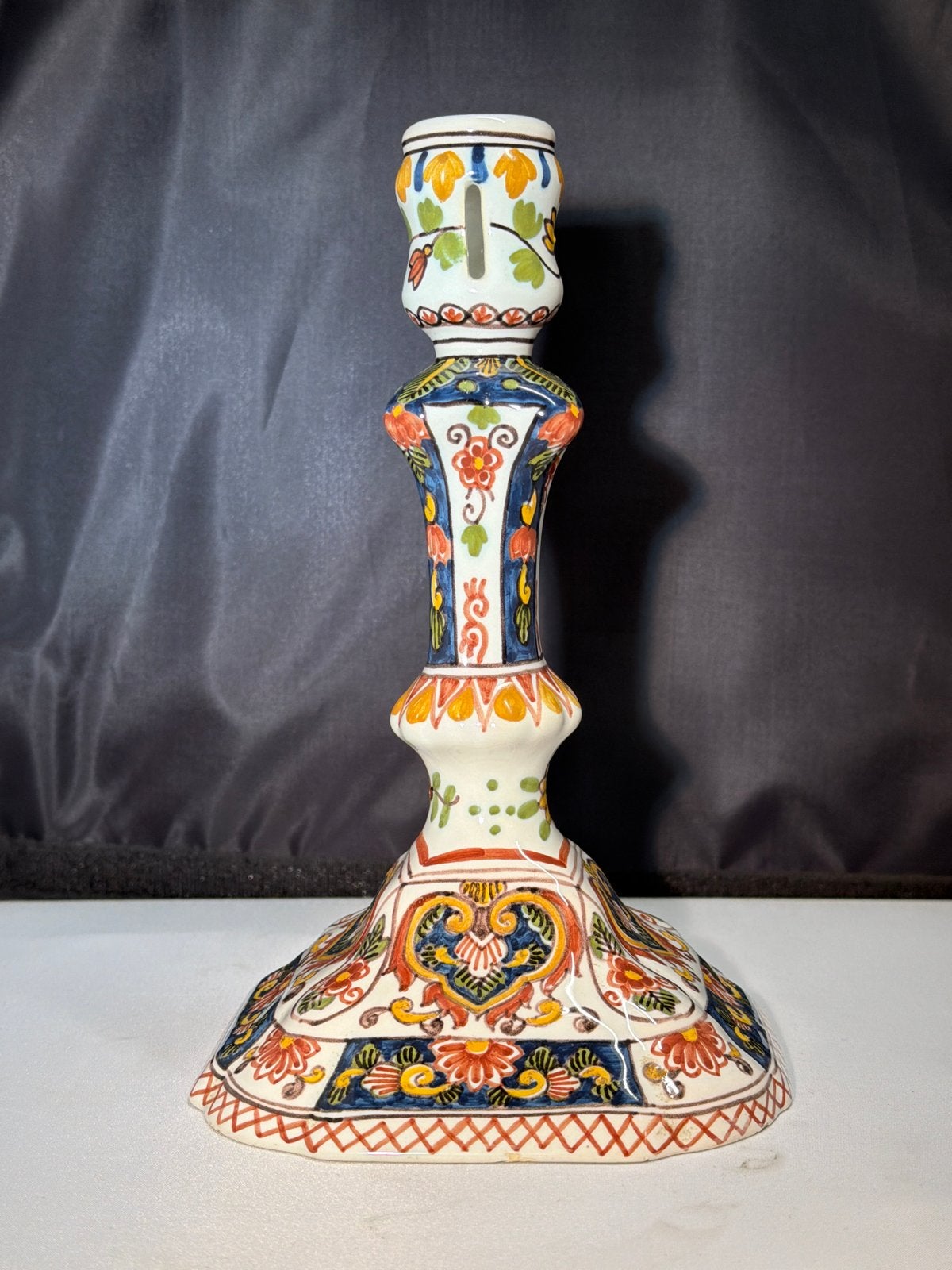 Antieke Makkum Tichelaar kandelaar, handgeschilderd, Ophalen of Verzenden, Keramiek of Aardewerk
