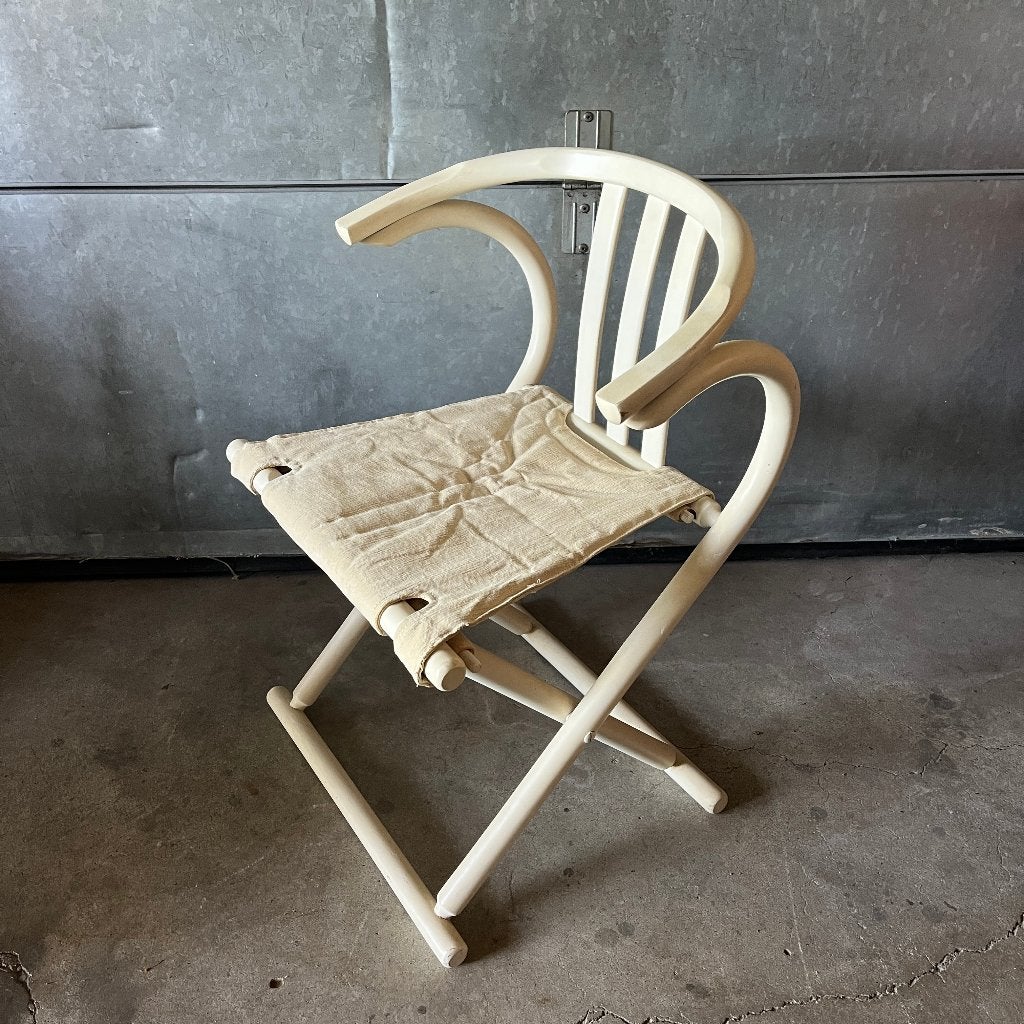 Jaren 70 gebogen houten klapstoel met canvas zitting Thonet, Huis en Inrichting, Gebruikt, Wit, Ophalen of Verzenden, Hout