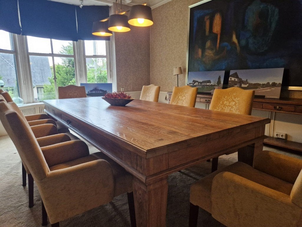 Grote houten vergadertafel 300 x 150 cm incl. 8 stoelen, Ophalen, Gebruikt, 200 cm of meer, Vijf personen of meer