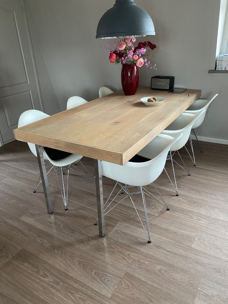 6 Design Eetkamerstoelen met armleuningen – wit kunststof, Ophalen, Kunststof, Gebruikt, Wit