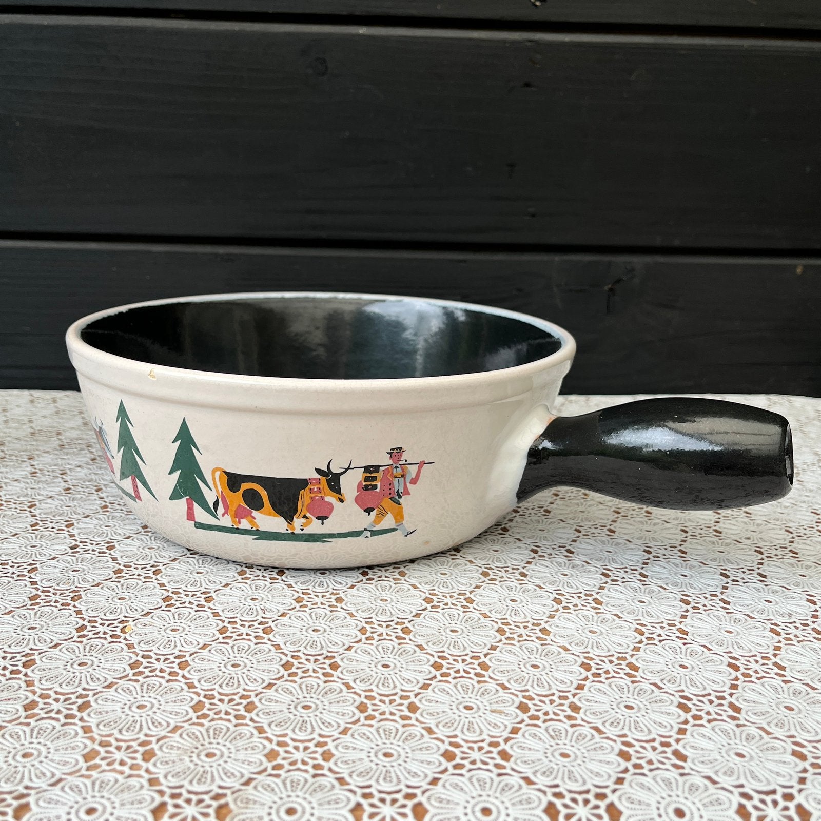 Vintage Landert fonduepan met koeien, Antiek en Kunst, Antiek | Keramiek en Aardewerk, Ophalen of Verzenden