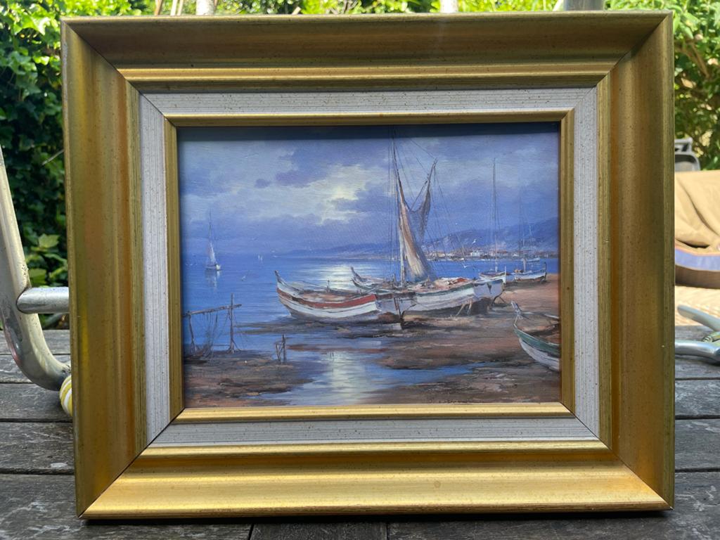 Klein schilderij: Zeegezicht met boten, Ophalen of Verzenden