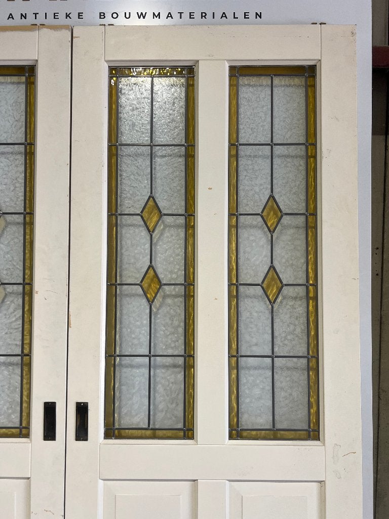 Oude robuuste ensuite schuifdeuren met glas in lood, Gebruikt, 120 cm of meer, Binnendeur, Ophalen of Verzenden