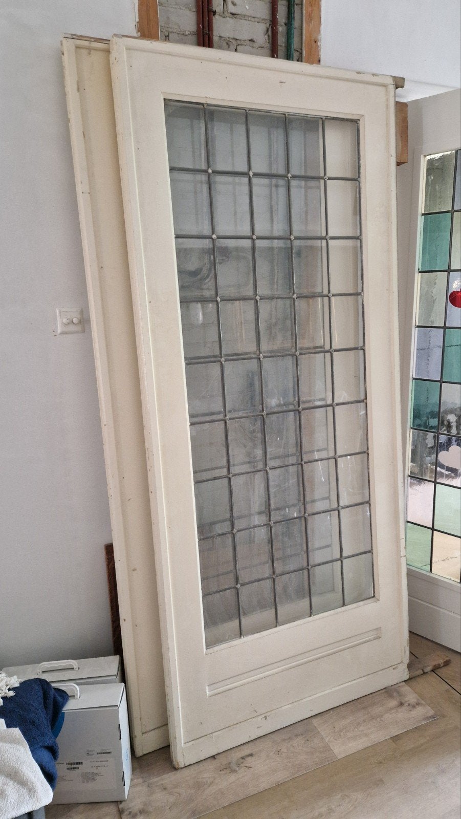 Oude glas en lood schuideuren, en suite, met rails, Doe-het-zelf en Verbouw, Deuren en Horren, Ophalen, Gebruikt, 80 tot 100 cm