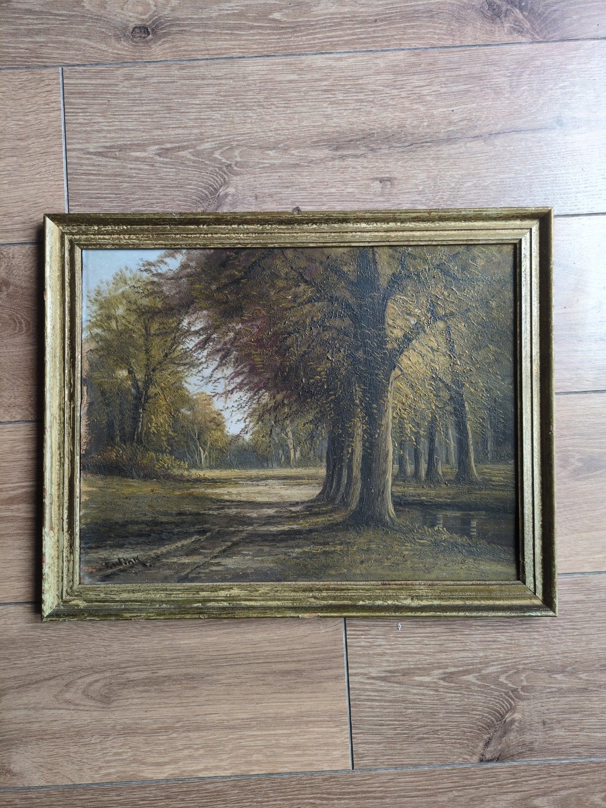 Schilderij P. van Winkel: boslandschap, Doek, Realistisch, Landschap, Olieverf