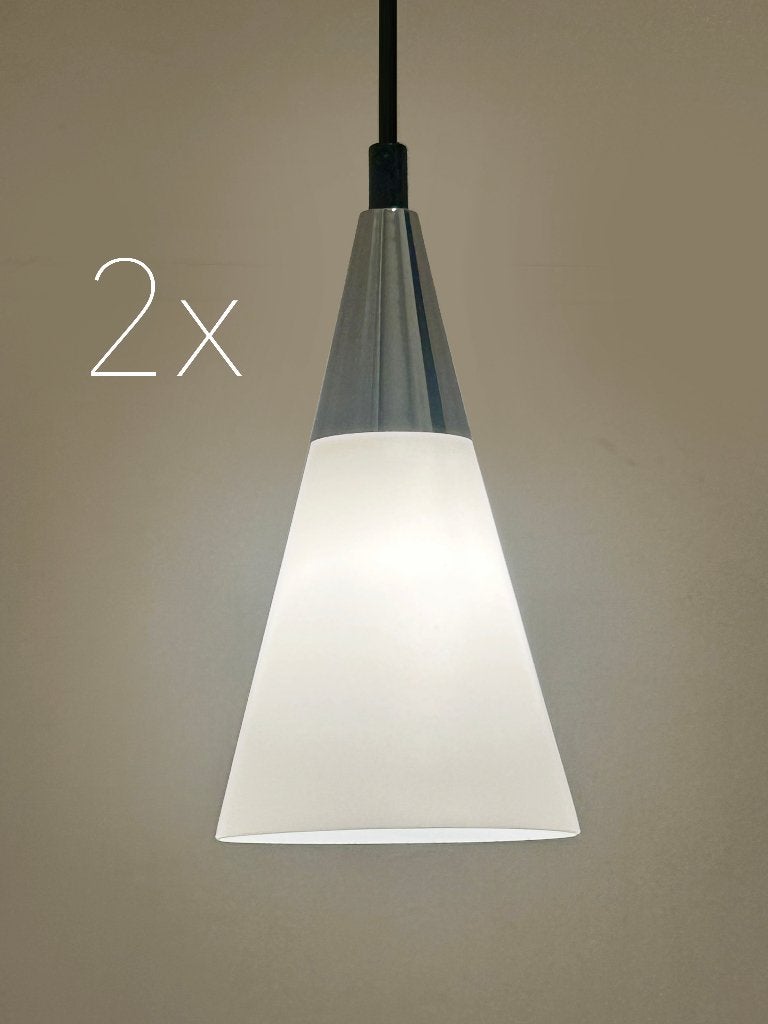 2 gave Vintage HEMA hanglampen, jaren 80, opaalglas/chroom, Ophalen, Gebruikt, HEMA vintage 80s, E14 (klein)