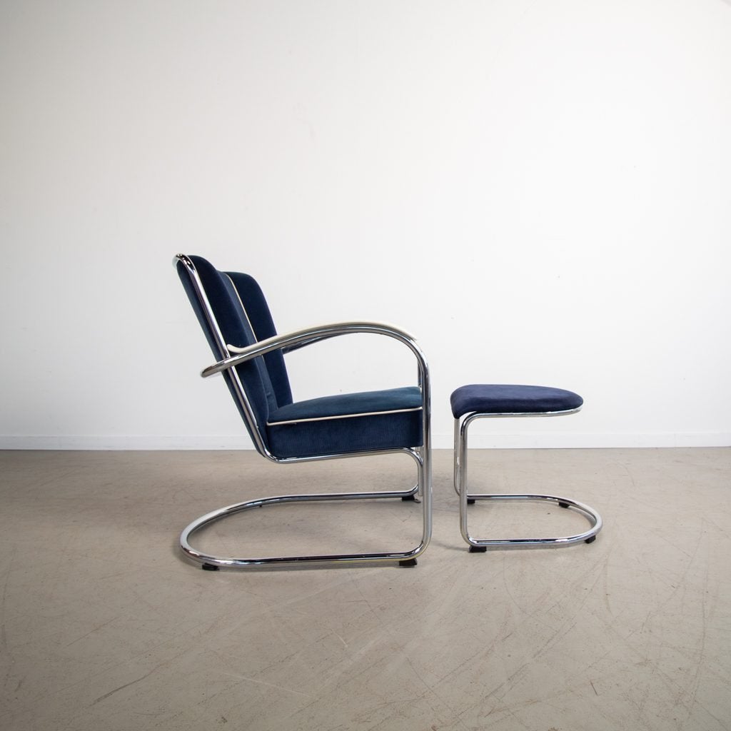 Gispen 412 Fauteuil Blauw Stof + Hocker, Huis en Inrichting, Niet ingevuld, Zo goed als nieuw, Niet ingevuld, Niet ingevuld