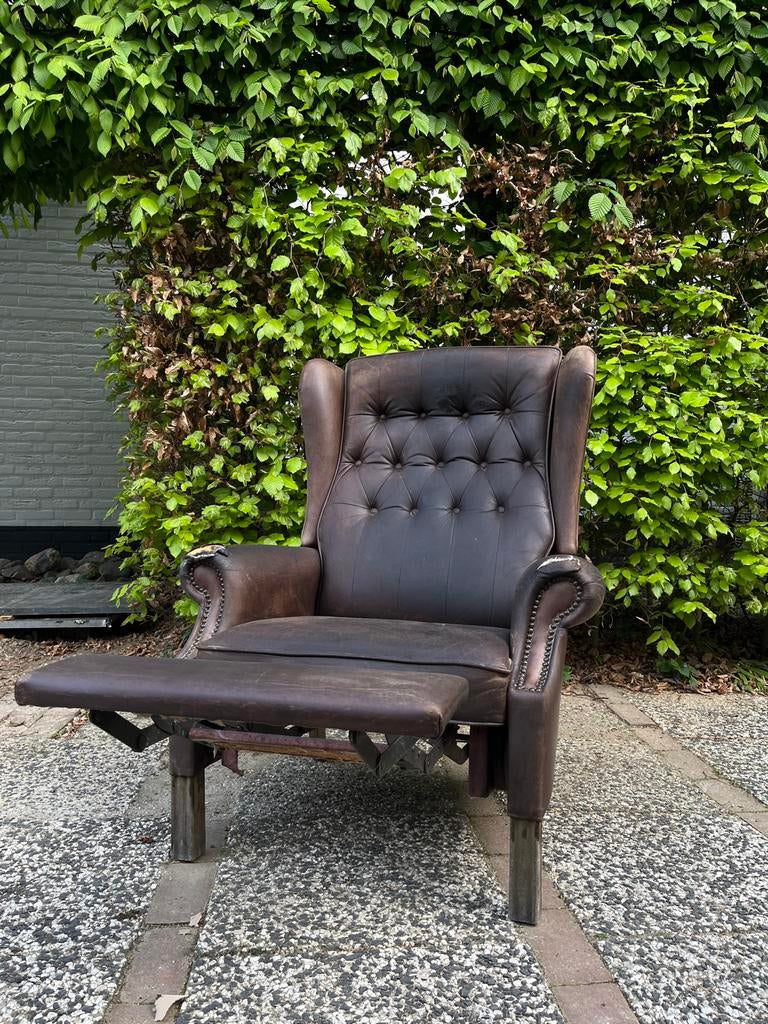 Opknapper: Vintage La-Z-Boy fauteuil handmatige voetensteun, Ophalen, Gebruikt, Leer, 75 tot 100 cm
