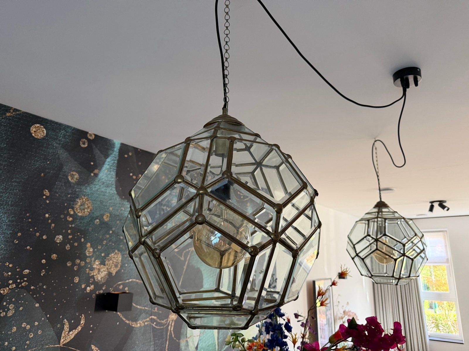 Set van 4 glazen hanglampen 2 groot 45cm  2 kleine 35 cm, Ophalen, Zo goed als nieuw, Glas, E27 (groot)