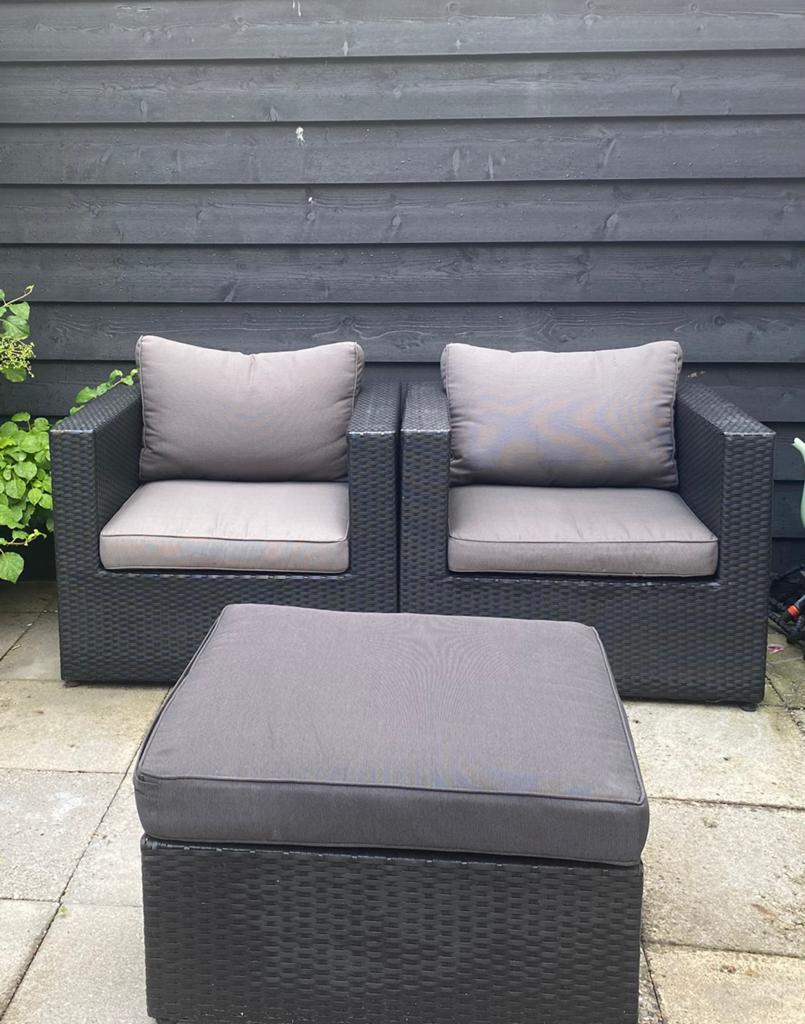 Royal Patio lounge stoelen met poef/tafel +kussens, Gebruikt, Stoel, Loungeset, Wicker