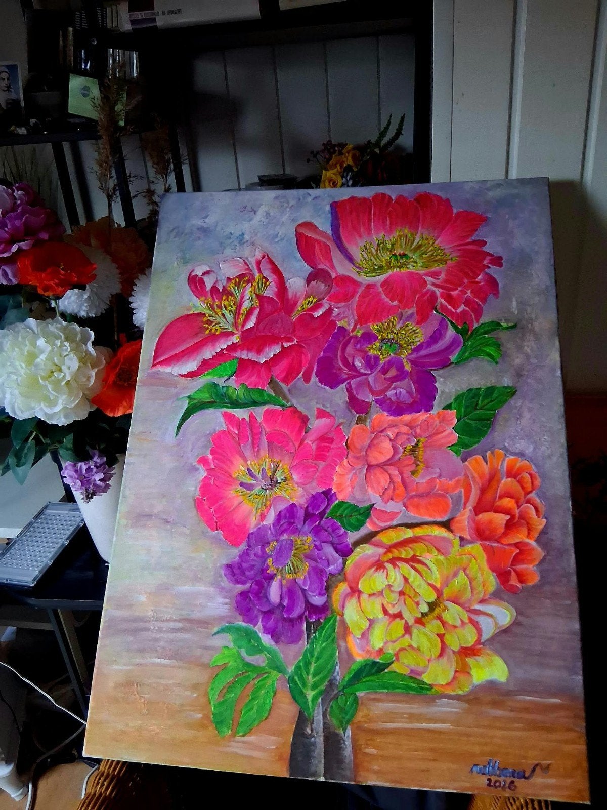 Acrylverf Schilderij 'Peony Flower' - Lichtgevend, Ophalen