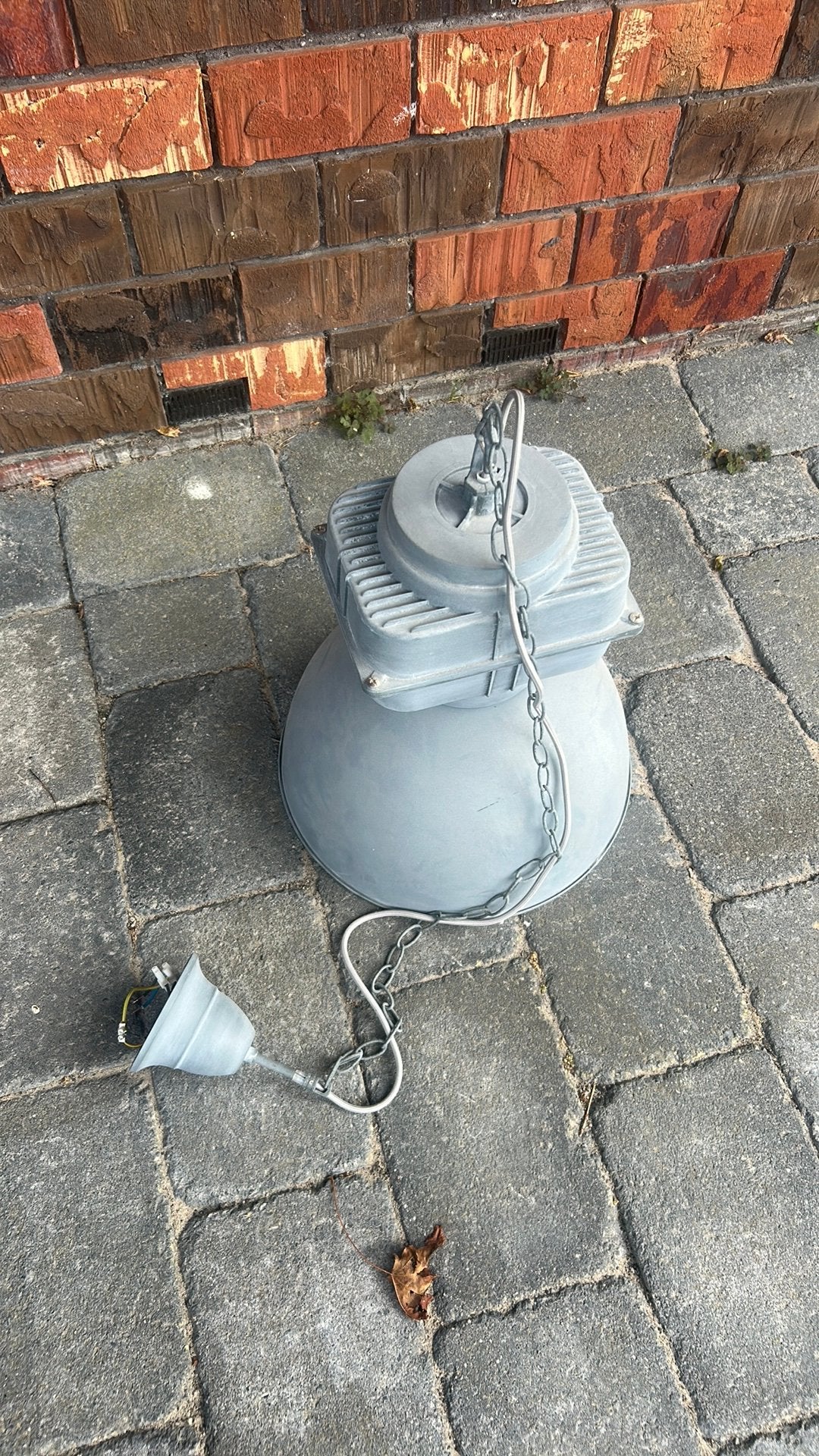 Industriele grijze metalen glazen hanglamp, Ophalen, Zo goed als nieuw
