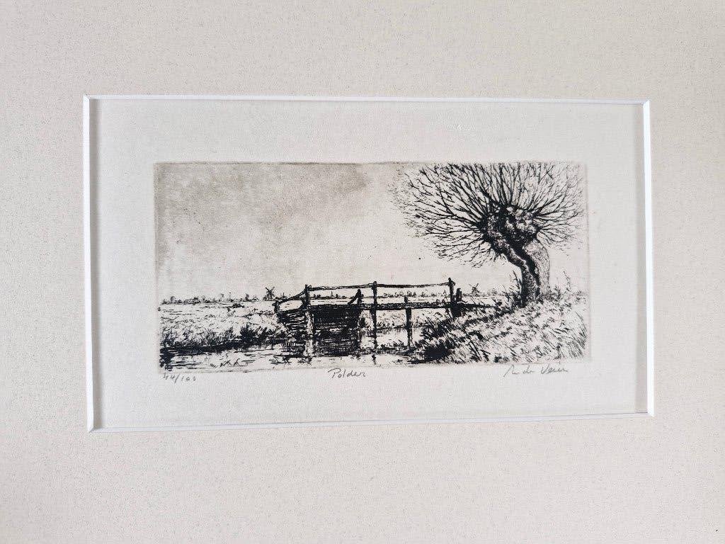 Originele gesigneerde ets polderlandschap, beperkte oplage, Antiek en Kunst, Ophalen of Verzenden, Gesigneerd, 16 cm, Landschap